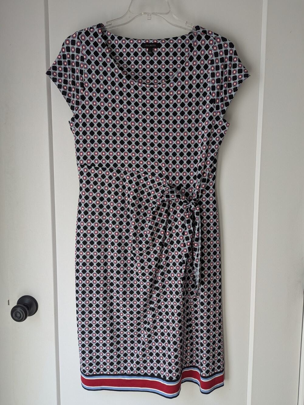 Talbots L Wrap Knee/ Midi Dress Geometric Print Stretch Short Sleeve Career EUC